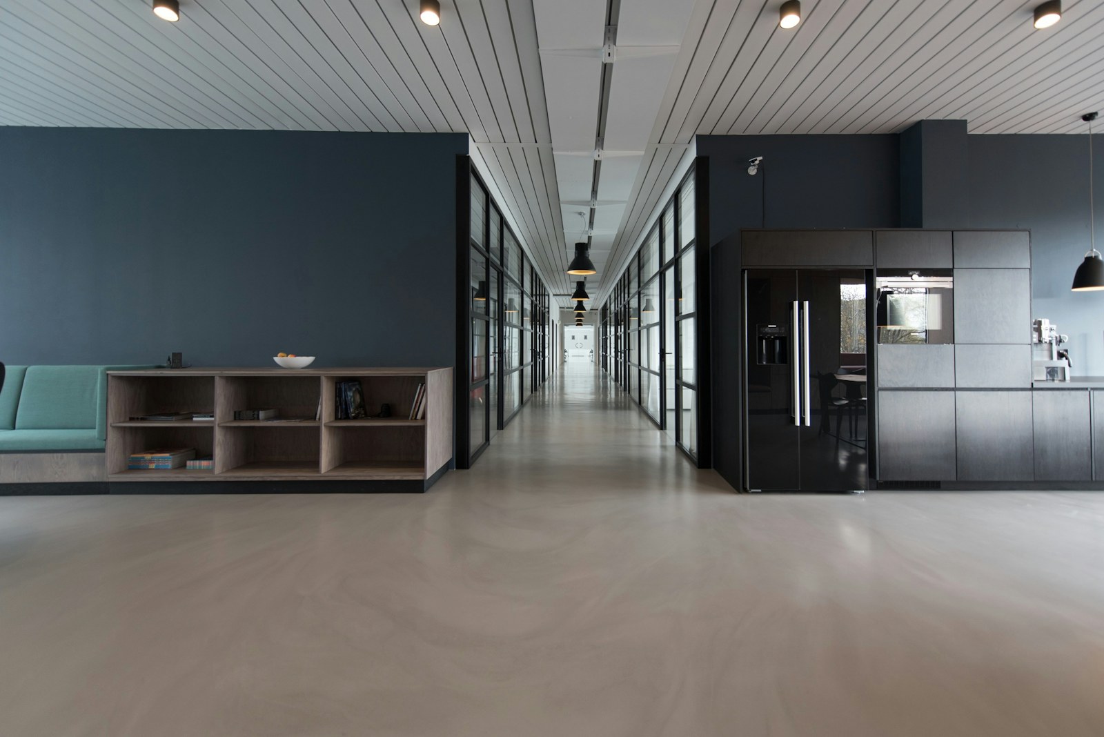 Polished commercial lobby and shared office corridor